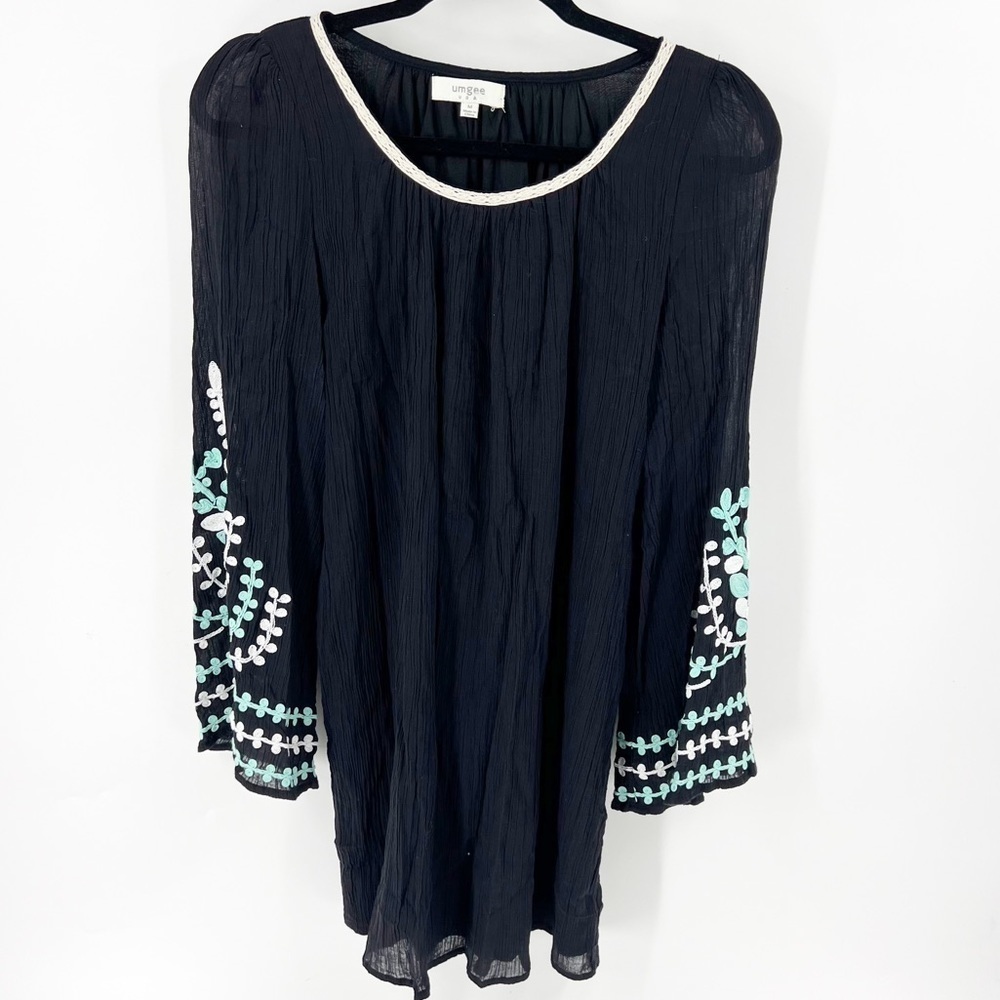 ✅ UMGEE BLACK WHITE TEAL BOHO EMBROIDERED SCOOP NECK TUNIC DRESS SIZE MEDIUM‎